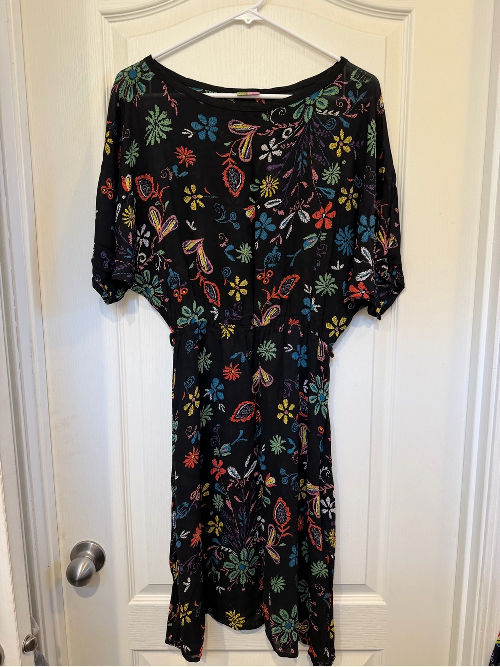 Sarah Bibb Black Multicolor Floral Botanical Midi Dress Boho Artsy